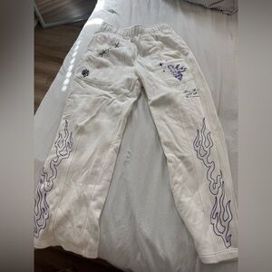 White Graphic Flame Sweatpants with Purple Details